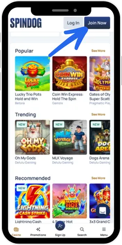 Click the Join Now button at Spindog Casino